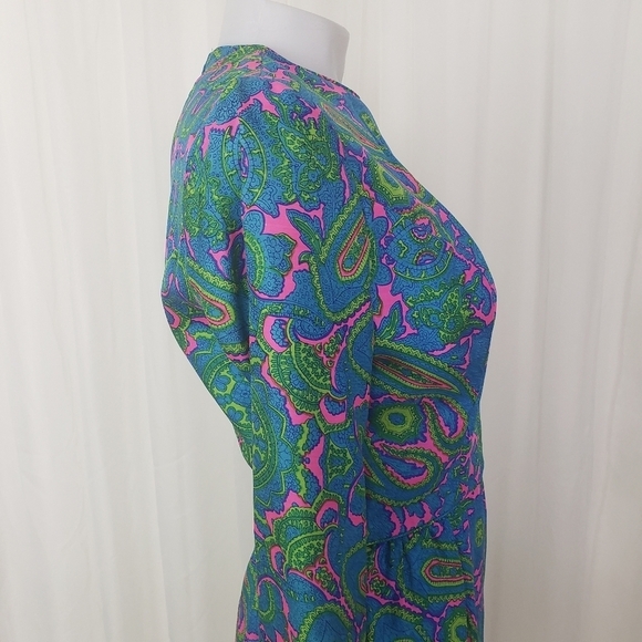 Vintage Sue Brett vibrant paisley dress blue green pink ruffle hem cuff 70s gorg - Picture 8 of 14